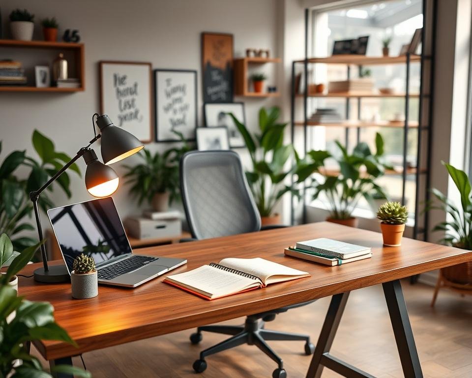 A beautifully arranged studio desk setup designed for creativity and productivity. In the foreground, a sleek wooden desk adorned with a stylish laptop, an open notebook, and vibrant stationery. A modern desk lamp emits warm, inviting light, illuminating the workspace. In the middle, a comfortable ergonomic chair complements the desk, surrounded by lush green plants that add a touch of nature. The background features a wall with inspiring artwork and shelves filled with books and decorative items, creating an organized and aesthetically pleasing environment. Soft natural light filters through a large window, enhancing the mood of tranquility and inspiration. The composition captures a harmonious blend of functionality and creativity, ideal for a DIY workspace. A beautifully arranged studio desk setup designed for creativity and productivity. In the foreground, a sleek wooden desk adorned with a stylish laptop, an open notebook, and vibrant stationery. A modern desk lamp emits warm, inviting light, illuminating the workspace. In the middle, a comfortable ergonomic chair complements the desk, surrounded by lush green plants that add a touch of nature. The background features a wall with inspiring artwork and shelves filled with books and decorative items, creating an organized and aesthetically pleasing environment. Soft natural light filters through a large window, enhancing the mood of tranquility and inspiration. The composition captures a harmonious blend of functionality and creativity, ideal for a DIY workspace.