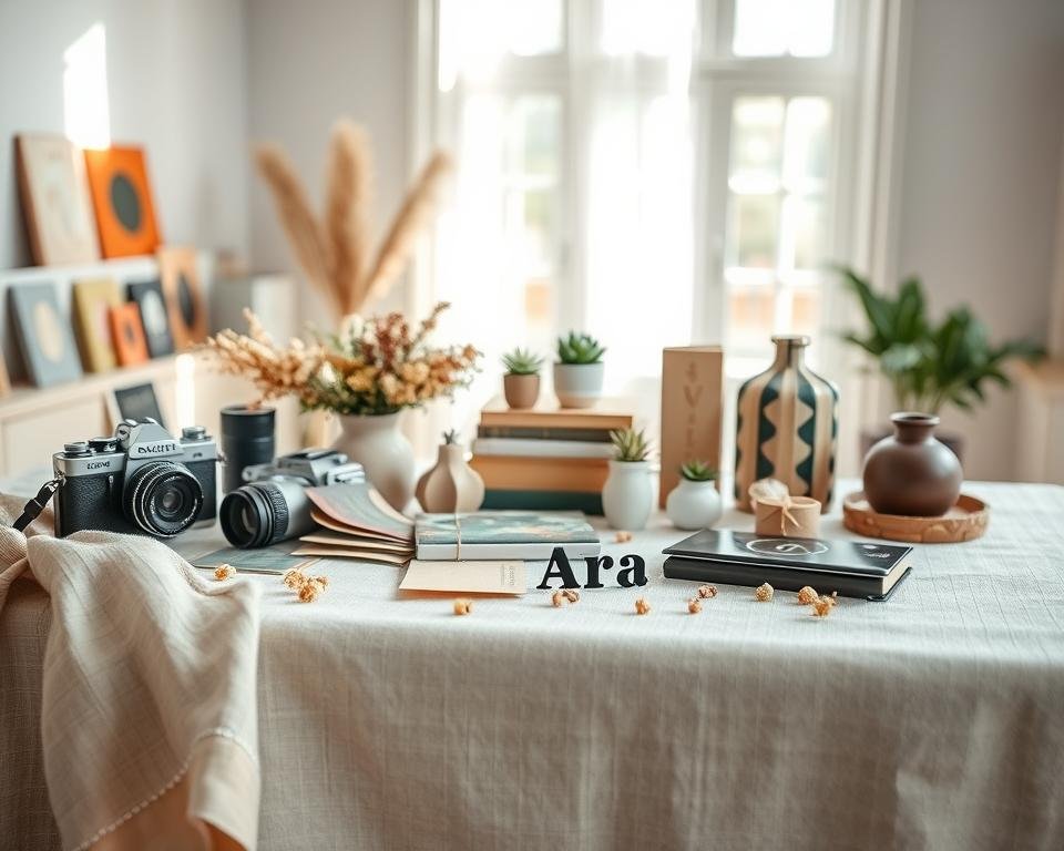 A beautifully arranged table displaying a variety of photography props for product styling. In the foreground, a soft, neutral-colored linen drape adds texture, with elegant vintage cameras, a color palette of fabric swatches, and artfully scattered dried flowers creating an inviting scene. In the middle, the props are organized aesthetically, including decorative books, small potted plants, and stylish paperweights, all contributing to a harmonious storytelling theme. The background features a softly blurred studio setting with bright, natural light pouring in from a large window, casting gentle shadows. The focus is sharp and vibrant, capturing the mood of creativity and inspiration, inviting viewers into the world of enhanced product photography through carefully chosen props. A beautifully arranged table displaying a variety of photography props for product styling. In the foreground, a soft, neutral-colored linen drape adds texture, with elegant vintage cameras, a color palette of fabric swatches, and artfully scattered dried flowers creating an inviting scene. In the middle, the props are organized aesthetically, including decorative books, small potted plants, and stylish paperweights, all contributing to a harmonious storytelling theme. The background features a softly blurred studio setting with bright, natural light pouring in from a large window, casting gentle shadows. The focus is sharp and vibrant, capturing the mood of creativity and inspiration, inviting viewers into the world of enhanced product photography through carefully chosen props.