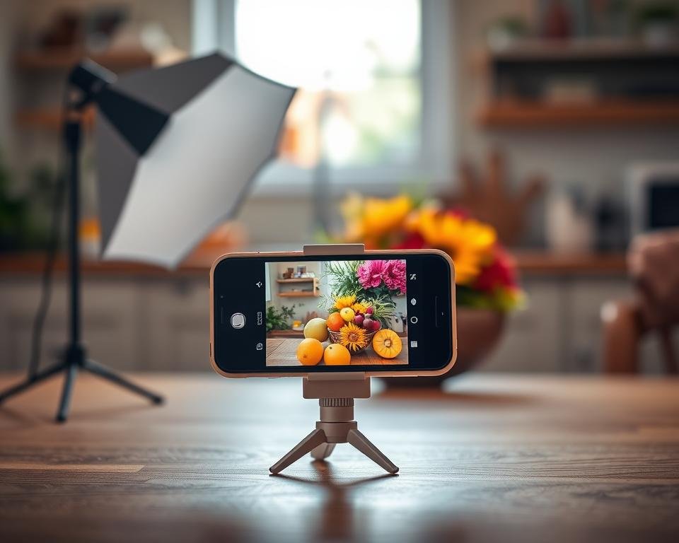 A beautifully lit scene featuring a smartphone on a wooden table, capturing a vibrant still life arrangement of colorful fruits and flowers. In the foreground, the smartphone is propped up using a small, sleek stand, showcasing a close-up view of the image being taken. The middle ground features a softbox positioned at an angle to create a soft, diffused light that highlights the textures and details of the subject. The background includes a cozy, blurred kitchen environment with warm tones and natural light streaming in through a window, creating an inviting atmosphere. The scene conveys creativity and innovation in mobile photography, emphasizing the power of soft light in enhancing everyday moments.