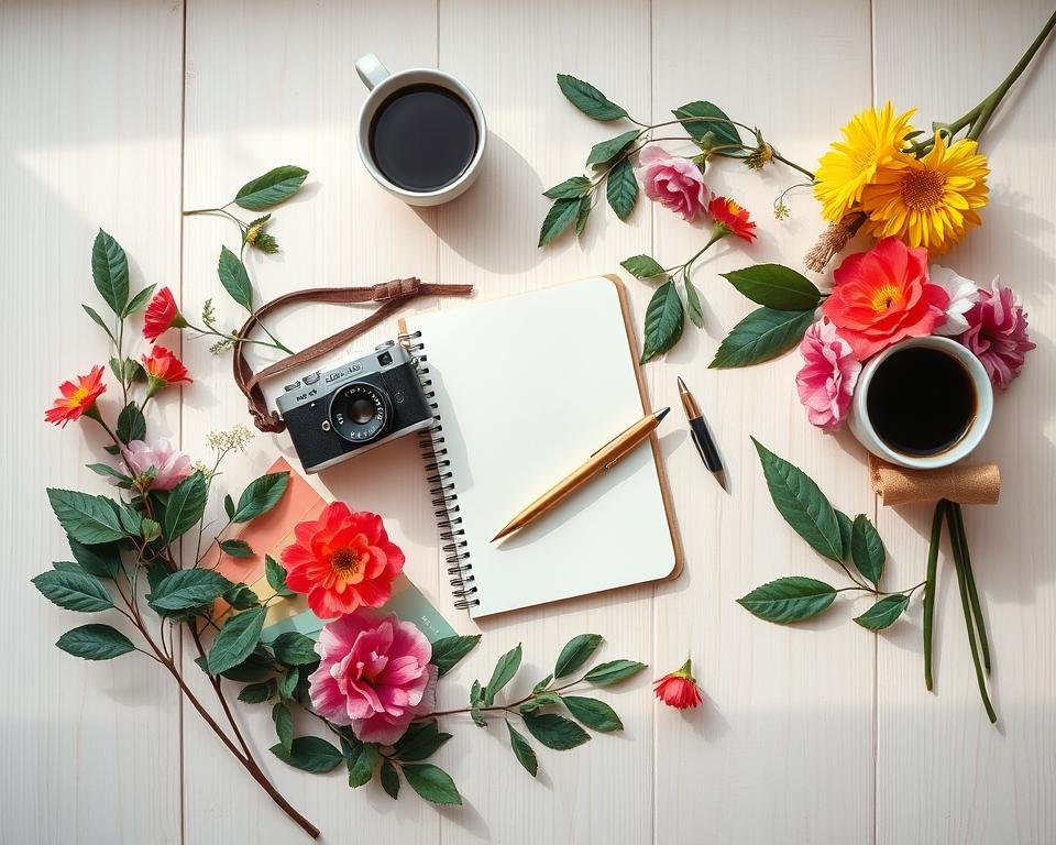 A beautifully styled flat lay scene set on a light wooden surface, showcasing an assortment of photography tools, including a vintage camera, a crisp notebook with a pen, and color swatches. Surround these items with vibrant props like fresh flowers, leafy greens, and elegant coffee cups to create a warm, inviting atmosphere. The composition should be harmonious and balanced, with the camera slightly angled to capture dynamic perspectives. Soft, natural lighting filters in from the left, casting gentle shadows that enhance texture and depth. Incorporate a pastel-colored backdrop to evoke a calming vibe, while ensuring the overall mood inspires creativity and engagement in photography. No text or signatures present in the image.
