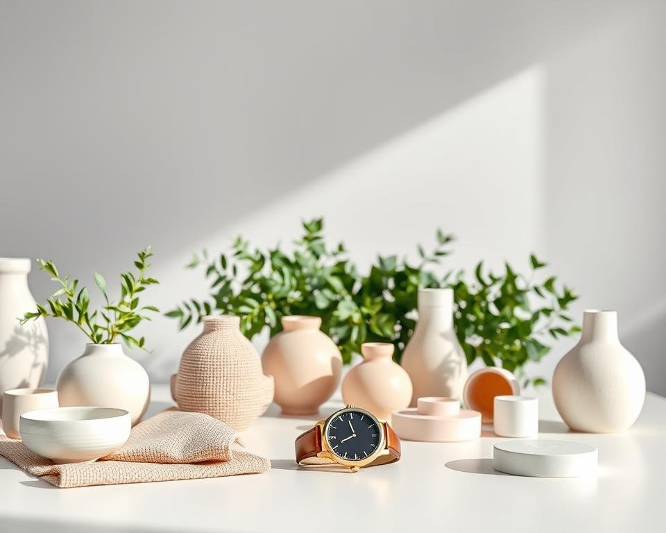 A bright, well-lit tabletop scene showcasing an array of e-commerce props that enhance product photography. In the foreground, there's a meticulously arranged assortment of minimalist, neutral-colored props, such as ceramic vases, textured fabrics, and simple geometrical shapes, complementing an elegant product—a stylish watch. In the middle ground, lush greenery and soft pastel-colored items create a cohesive, inviting atmosphere, enhancing the visual appeal without overwhelming the main product. The background features a soft-focus wall, painted in light gray, ensuring the scene remains clean and high-key. The lighting is bright and diffused, casting soft shadows to accentuate textures while maintaining a fresh, airy feel. Use a standard lens from a slightly elevated angle to create depth and draw attention to the carefully selected props, conveying sophistication and style.