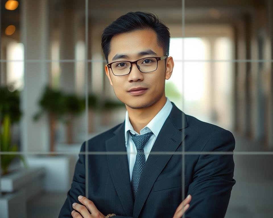 A captivating portrait composition that prominently features grid lines defining the rule of thirds. The foreground showcases a well-dressed individual in professional attire, positioned thoughtfully at one of the intersecting grid points, looking confidently towards the camera. The middle ground includes soft, diffused lighting that highlights the subject's features, creating a warm atmosphere. In the background, a softly blurred urban setting adds context, with hints of greenery to provide depth. Use a shallow depth of field lens for a bokeh effect, emphasizing the subject while the grid lines subtly guide the viewer's eye. Capture the image from a slightly elevated angle to enhance the perspective and convey a sense of balance, reinforcing the principles of portrait photography and the rule of thirds.