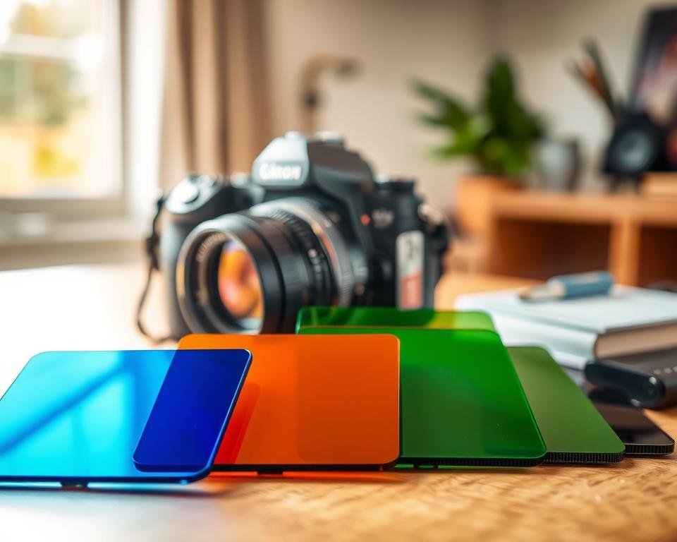 A close-up composition of various white balance color correction filters arranged aesthetically on a wooden desk. In the foreground, vividly colored filters—such as blue, orange, and green—catch the light, showcasing their translucent textures. The middle layer includes a photographer's camera with a lens attached, positioned slightly to the side, reflecting the filters in its shiny surface. The background subtly fades with soft, out-of-focus imagery of a well-lit studio setting, suggesting a creative workspace. Bright, diffused natural light streams in from a nearby window, enhancing the colors of the filters and creating a warm, inviting atmosphere. The overall mood conveys a sense of professional artistry and attention to detail, perfect for the topic of white balance control in photography. A close-up composition of various white balance color correction filters arranged aesthetically on a wooden desk. In the foreground, vividly colored filters—such as blue, orange, and green—catch the light, showcasing their translucent textures. The middle layer includes a photographer's camera with a lens attached, positioned slightly to the side, reflecting the filters in its shiny surface. The background subtly fades with soft, out-of-focus imagery of a well-lit studio setting, suggesting a creative workspace. Bright, diffused natural light streams in from a nearby window, enhancing the colors of the filters and creating a warm, inviting atmosphere. The overall mood conveys a sense of professional artistry and attention to detail, perfect for the topic of white balance control in photography.