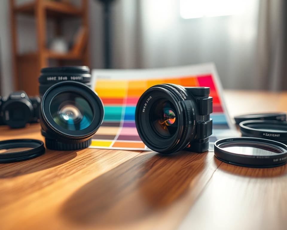 A close-up macro shot of a beautifully arranged selection of photography tools, highlighting a professional camera lens, a color chart, and various filters on a smooth wooden table. The foreground features the sharp detail of the camera lens, reflecting soft light, while the middle layer includes the color chart, showcasing vibrant hues that pop against the warm wood texture. The background is softly blurred, suggesting a cozy, well-lit studio environment with muted colors, creating a serene atmosphere. The lighting is bright but diffused, enhancing the intricate details and textures of the products. The angle is slightly above the table for a dynamic perspective, capturing the essence of post-processing in macro photography. A close-up macro shot of a beautifully arranged selection of photography tools, highlighting a professional camera lens, a color chart, and various filters on a smooth wooden table. The foreground features the sharp detail of the camera lens, reflecting soft light, while the middle layer includes the color chart, showcasing vibrant hues that pop against the warm wood texture. The background is softly blurred, suggesting a cozy, well-lit studio environment with muted colors, creating a serene atmosphere. The lighting is bright but diffused, enhancing the intricate details and textures of the products. The angle is slightly above the table for a dynamic perspective, capturing the essence of post-processing in macro photography.