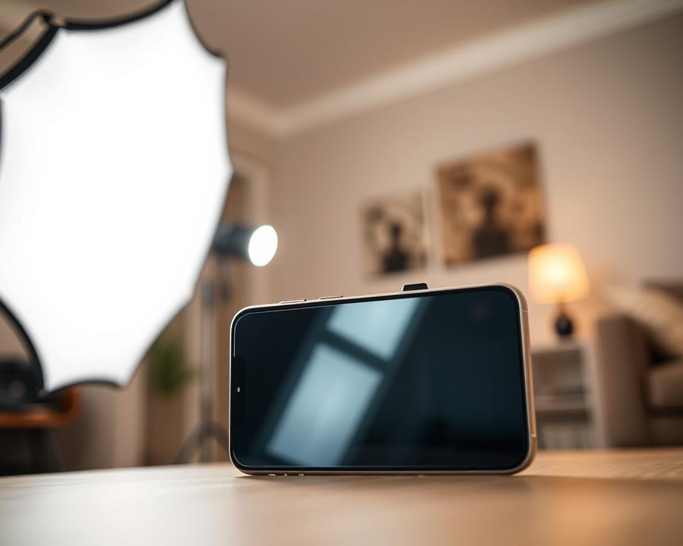 A close-up view of a modern camera phone positioned within a professional softbox lighting setup. The foreground features the sleek smartphone, showcasing its camera lens, reflecting the soft, diffused light. The softbox, in the middle ground, is filled with soft white fabric, creating an even illumination that eliminates harsh shadows. The background consists of a blurred indoor environment with neutral tones, hinting at a home studio setup. Soft, warm lighting fills the scene, evoking a cozy yet professional atmosphere. The angle is slightly tilted to capture the interplay of light and shadow, emphasizing the importance of proper lighting in mobile photography.