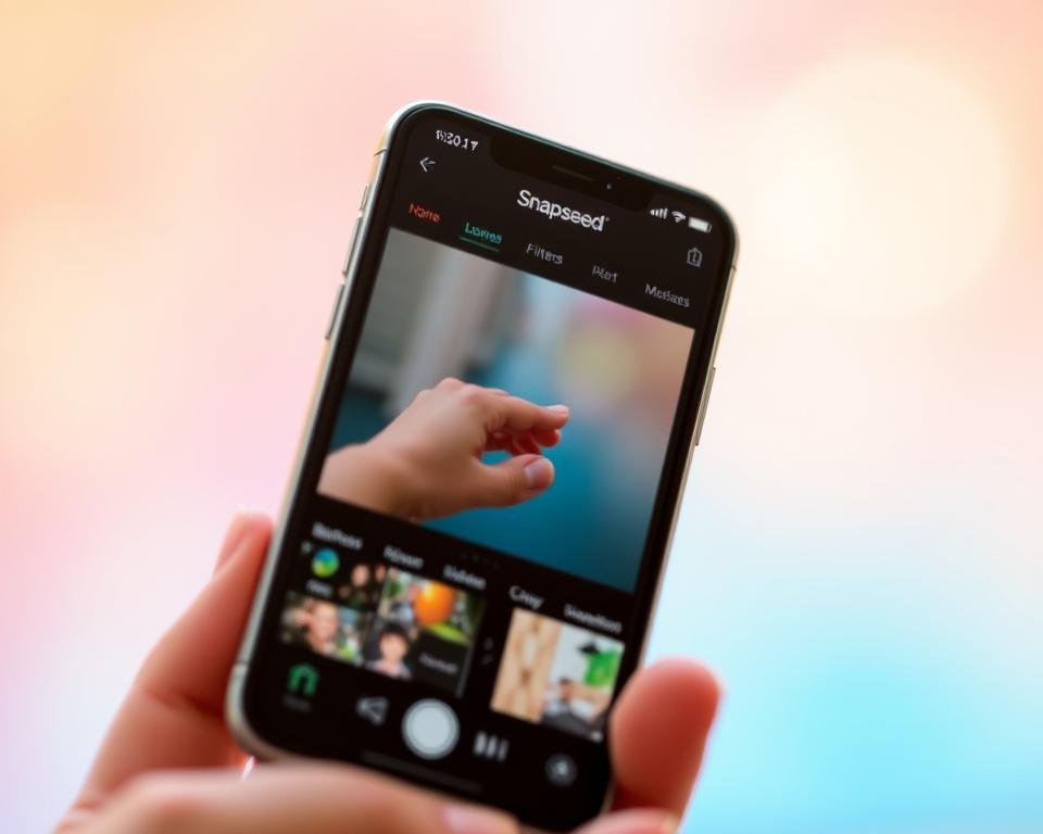 A close-up view of a modern smartphone displaying the Snapseed app interface, showcasing its various editing features and tools. The foreground highlights editable photo elements like brightness adjustments, color filters, and cropping options, all presented in a sleek, user-friendly layout. In the middle, there's a hand gently swiping across the touchscreen, suggesting user interaction. The background features a soft gradient blur of vibrant colors styled like a photography backdrop, enhancing the editing atmosphere. Warm, natural lighting illuminates the scene, creating a lively, inviting mood. The angle captures the phone slightly tilted for a dynamic perspective, emphasizing the app's intuitive design while keeping the focus on the editing capabilities.