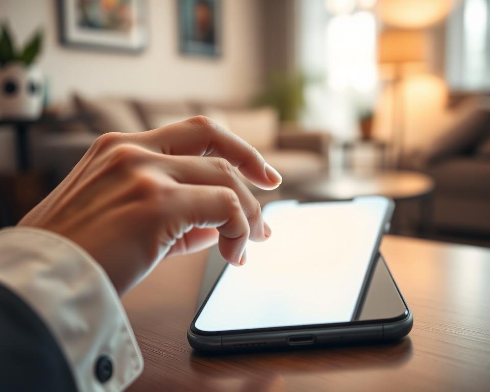 A close-up view of a person's hand gently adjusting the brightness on a sleek smartphone, showcasing a vibrant display reflecting a warm, soft light. The foreground features the hand with neatly manicured fingers, dressed in stylish, modest business attire. In the middle ground, the smartphone emits a glow, highlighting the intensity of the screen’s light against a desk background. The background is softly blurred, featuring a cozy living room scene with subtle hints of greenery and comfortable furnishings, evoking a calm and soothing atmosphere. The lighting is soft and diffused, emphasizing the ease of use and comfort, while maintaining a warm, inviting color palette. The overall mood is serene and balanced, suggesting a harmonious experience of adjusting screen brightness to alleviate glare.