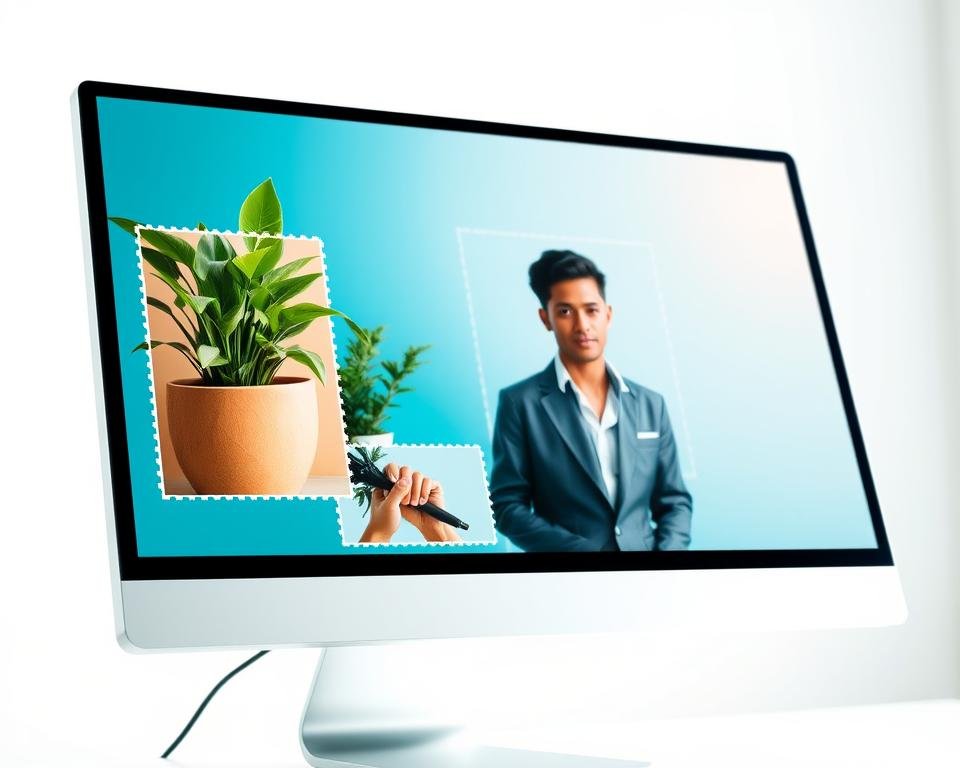 A close-up view of a sleek, modern computer screen showcasing an automatic background removal application in action. In the foreground, vibrant images of various subjects, like a potted plant and a portrait of a person in professional clothing, are highlighted with jagged edge outlines indicating the background has been seamlessly removed. The middle ground features a soft gradient background of blue and white hues, conveying a tech-savvy atmosphere. The scene is illuminated by bright, natural light that enhances the clarity of the images on the screen. The camera angle is slightly tilted, providing a dynamic perspective. The mood is innovative and efficient, reflecting the modernity and usefulness of the background removal technology.