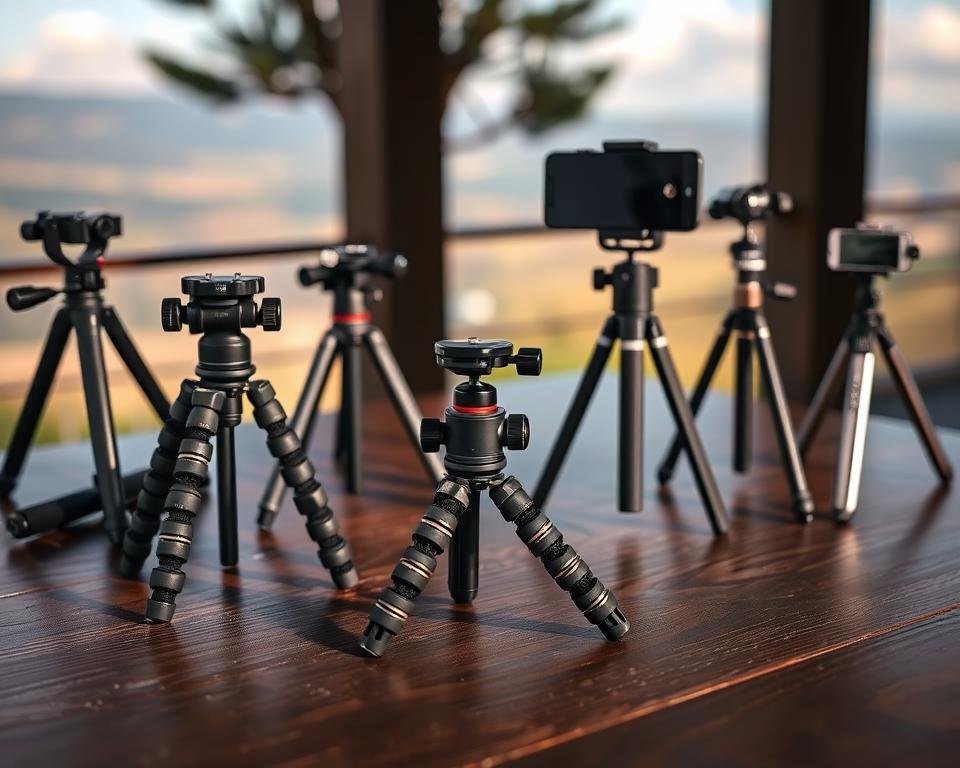 A collection of top smartphone tripods arranged on a dark wooden table, showcasing various designs and features. In the foreground, a sturdy, compact tripod with rubber grips for durability stands out. In the middle ground, a sleek, lightweight tripod with extendable legs is positioned next to an adjustable tripod with a smartphone mount. The background features a dreamy, softly blurred landscape of a scenic outdoor setting, hinting at stability during photography shoots. The lighting is natural and soft, casting gentle shadows that emphasize the texture of the tripods. Use a wide-angle lens to capture the scene, creating an inviting atmosphere that conveys professionalism and reliability. The overall mood reflects a sense of stability and durability, inviting viewers to consider these essential tools for capturing stunning photos.