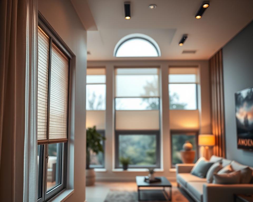 A contemporary interior showcasing innovative window light designs, featuring several stylish window installations that blend aesthetics and functionality. In the foreground, display a sleek modern window with adjustable shades allowing soft, diffused natural light to filter through, highlighting the elegant textures of the curtains and window frame. The middle ground should feature various window styles—perhaps a large panoramic window and a set of smaller casement windows—each adorned with chic, minimalist treatments. In the background, a cozy living space with plush furniture and tasteful decor complements the windows, set against warm, inviting lighting that creates a serene atmosphere. Use a soft focus lens to enhance the inviting mood, capturing the essence of modern living. A contemporary interior showcasing innovative window light designs, featuring several stylish window installations that blend aesthetics and functionality. In the foreground, display a sleek modern window with adjustable shades allowing soft, diffused natural light to filter through, highlighting the elegant textures of the curtains and window frame. The middle ground should feature various window styles—perhaps a large panoramic window and a set of smaller casement windows—each adorned with chic, minimalist treatments. In the background, a cozy living space with plush furniture and tasteful decor complements the windows, set against warm, inviting lighting that creates a serene atmosphere. Use a soft focus lens to enhance the inviting mood, capturing the essence of modern living.