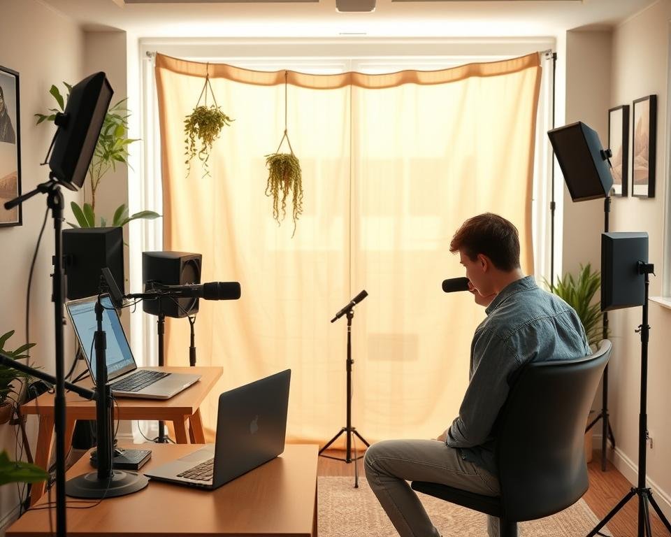 A cozy beginner's studio setup, featuring a compact desk with a laptop, a quality microphone, and a pair of studio monitors. In the foreground, a young professional in modest casual clothing sets up lighting equipment, focused on creating a collaborative environment. The middle ground showcases a simple backdrop made of fabric, with artistic elements like hanging plants and framed pictures to inspire creativity. The background has soft diffused lighting, creating an inviting atmosphere. A large window allows natural light to flood the room, enhancing the cheerful and motivating ambiance. The scene captures the essence of networking and collaboration, emphasizing an affordable yet professional and creative workspace. Ideal for aspiring content creators on a budget.