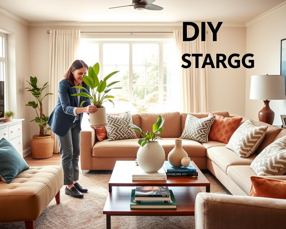 A cozy, elegantly staged living room showcasing the contrast between professional and DIY staging. In the foreground, a professional stager is arranging a vibrant green houseplant in a stylish ceramic pot, dressed in smart business casual attire. The middle ground features a beautifully set coffee table with a minimalistic vase and art books, surrounded by a plush sofa adorned with chic throw pillows. In the background, a large window allows natural light to flood in, illuminating the room and casting soft shadows. The color palette is warm and inviting, with neutral tones accented by bursts of color from decorative elements. The overall atmosphere conveys a sense of calm sophistication and creativity, emphasizing the impact of thoughtful home staging.