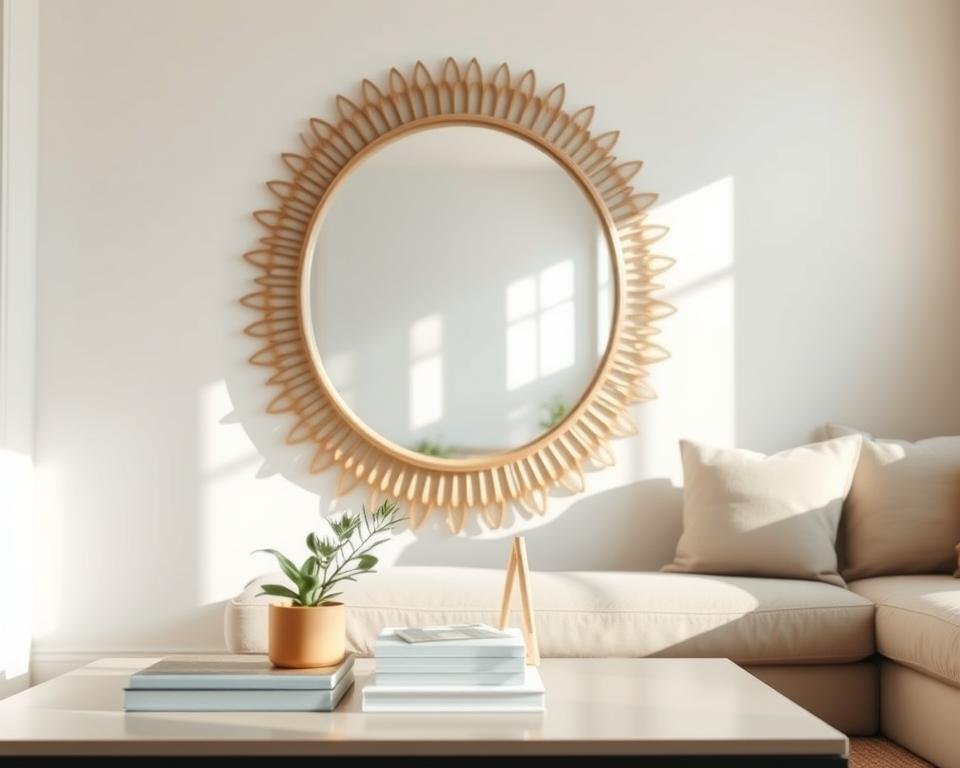 A cozy, well-lit room featuring a large, decorative mirror that reflects warm natural light. In the foreground, a stylish, minimalist coffee table adorned with a small potted plant and a few artful books. The middle ground showcases the mirror prominently against a light-colored wall, emphasizing the sun's rays entering through a nearby window. Soft, diffused lighting casts gentle shadows, enhancing the room's inviting atmosphere. The background reveals a comfortable sofa with plush cushions, creating a harmonious blend of textures and colors. The overall mood is bright and airy, illustrating how mirrors can amplify light and transform spaces effortlessly.