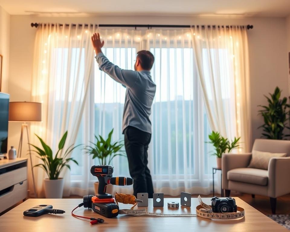 A cozy, well-lit room showcasing the installation of LED window lights. In the foreground, a professional individual in a light blue shirt and dark trousers carefully affixes LED strip lights around a large window. The window is adorned with elegant sheer curtains that softly diffuse the warm glow of the lights. In the middle, tools like a power drill, measuring tape, and adhesive mounts are neatly organized on a work surface, hinting at the installation process. The background features a few potted plants and a comfortable chair, creating an inviting atmosphere. The scene is illuminated with soft, warm lighting, enhancing the homey vibe, with a focus on practicality and style. The angle captures both the installer and the beautiful window light display, creating an inspiring installation moment. A cozy, well-lit room showcasing the installation of LED window lights. In the foreground, a professional individual in a light blue shirt and dark trousers carefully affixes LED strip lights around a large window. The window is adorned with elegant sheer curtains that softly diffuse the warm glow of the lights. In the middle, tools like a power drill, measuring tape, and adhesive mounts are neatly organized on a work surface, hinting at the installation process. The background features a few potted plants and a comfortable chair, creating an inviting atmosphere. The scene is illuminated with soft, warm lighting, enhancing the homey vibe, with a focus on practicality and style. The angle captures both the installer and the beautiful window light display, creating an inspiring installation moment.
