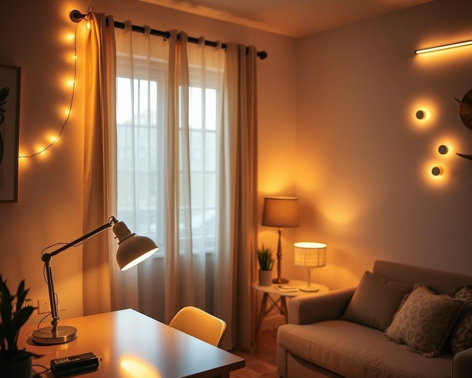 A cozy, well-lit room showcasing various budget-friendly lighting solutions. In the foreground, there's a stylish desk with an affordable LED lamp and a string of fairy lights elegantly draped across the wall. The middle ground features a small side table with a DIY lampshade made from recycled materials. On the walls, there are warm-toned light accents, including a wall-mounted LED strip that emphasizes a minimalist decor. The background includes a window with sheer curtains allowing natural light to filter gently in, creating a soft, inviting atmosphere. The scene is bathed in warm, ambient light, enhancing a sense of comfort and creativity, perfect for inspiring readers to explore budget-savvy ways to light their own spaces. Shot with a slightly angled perspective to capture depth.