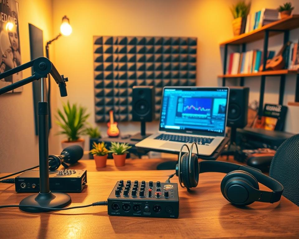 A cozy, well-organized recording studio on a budget, featuring an assortment of affordable recording equipment. In the foreground, a wooden desk displays a budget-friendly audio interface, a dynamic microphone on a boom arm, and a pair of closed-back headphones. The middle ground shows an acoustic panel-covered wall, with a laptop open displaying audio editing software, surrounded by small, colorful plants for inspiration. In the background, shelves lined with sound recording books and a couple of DIY instruments like a ukulele and a keyboard. Warm, ambient lighting casts a soft glow, enhancing the inviting atmosphere. The angle captures depth, showing a creative workspace that feels personal yet professional, encouraging motivation and creativity for anyone looking to produce music on a budget.
