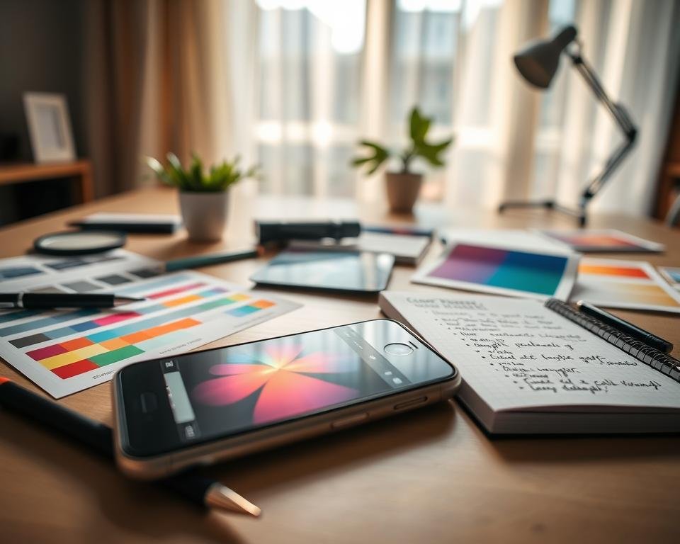 A creative flat lay scene showcasing smartphone photo editing techniques. In the foreground, a modern smartphone displaying a vibrant photo with adjusted shadows and highlights, open editing app visible. Surrounding it, various tools of the trade: a stylus, color correction charts, and a notepad filled with notes on post-processing tips. In the middle ground, a soft-focus background of a well-lit workspace with natural sunlight filtering through sheer curtains, creating a warm and inviting atmosphere. The overall mood is inspiring and professional, suggesting mastery and creativity in smartphone photography. The color palette is bright and inviting, emphasizing the techniques used to achieve stunning photos.