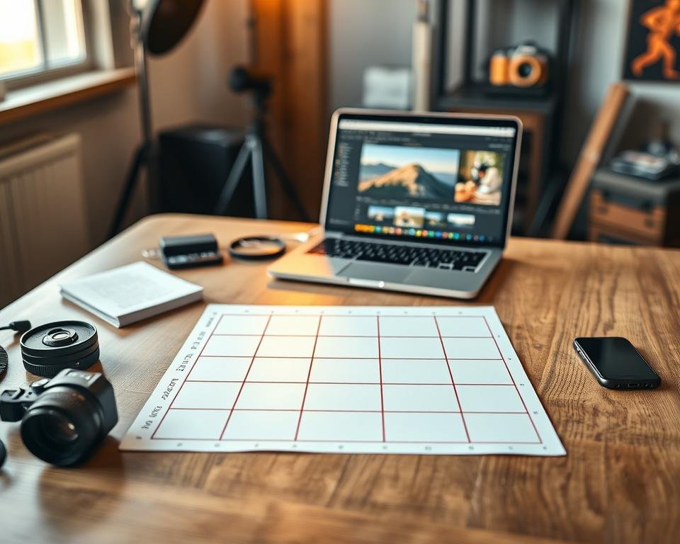 A detailed and educational image depicting a rule of thirds crop guide laid out on a wooden photography table. In the foreground, a square grid overlay is clearly visible, dividing the image into nine sections, with marked focal points demonstrating ideal subject placement. Scattered around the grid are high-quality camera products such as a camera lens, a notepad with notes on composition, and a smartphone, all representing common mistakes photographers make regarding the rule of thirds. The middle ground features an open laptop displaying photography editing software with a blurred background of a soft-focus photography studio environment, illuminated by warm, natural sunlight streaming through a nearby window, creating an inviting and informative atmosphere.
