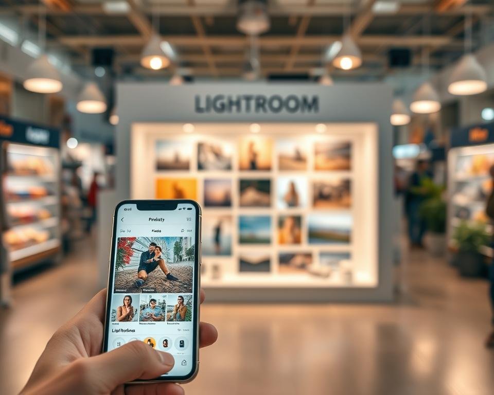 A digital marketplace scene for Lightroom Mobile Presets, filled with vibrant visuals. In the foreground, display a sleek mobile device showcasing a beautifully edited image, highlighting various preset options in a user-friendly interface. The middle layer features an elegant, well-organized digital storefront with eye-catching thumbnails of different Lightroom presets, set against a modern, minimalist design. In the background, integrate soft lighting that creates a warm, inviting atmosphere, suggesting creativity and inspiration. Apply a slight bokeh effect to draw attention to the mobile device, with hints of color grading tools and editing visuals subtly blurred in the background. Capture a sense of excitement and potential for mobile photographers looking to elevate their images.