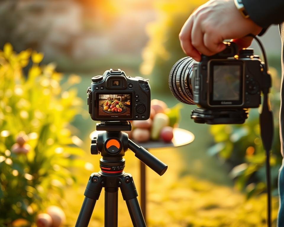A dynamic composition showcasing techniques for enhancing photo sharpness perception. In the foreground, a camera on a sturdy tripod is angled for optimal capture, with a photographer adjusting settings. The middle of the scene features a vibrant still life arrangement of fruits with intricate details, emphasizing texture and color contrast. The background includes a softly blurred, lush green garden, bathed in golden hour light to create a warm atmosphere. The sunlight should highlight the edges of the subject, enhancing depth and sharpness. Use a shallow depth of field to draw focus on the still life, while maintaining rich colors and smooth gradients in the background, conveying a sense of clarity and professionalism. The mood is inspiring and educational, inviting viewers to appreciate the art of composition in photography. A dynamic composition showcasing techniques for enhancing photo sharpness perception. In the foreground, a camera on a sturdy tripod is angled for optimal capture, with a photographer adjusting settings. The middle of the scene features a vibrant still life arrangement of fruits with intricate details, emphasizing texture and color contrast. The background includes a softly blurred, lush green garden, bathed in golden hour light to create a warm atmosphere. The sunlight should highlight the edges of the subject, enhancing depth and sharpness. Use a shallow depth of field to draw focus on the still life, while maintaining rich colors and smooth gradients in the background, conveying a sense of clarity and professionalism. The mood is inspiring and educational, inviting viewers to appreciate the art of composition in photography.