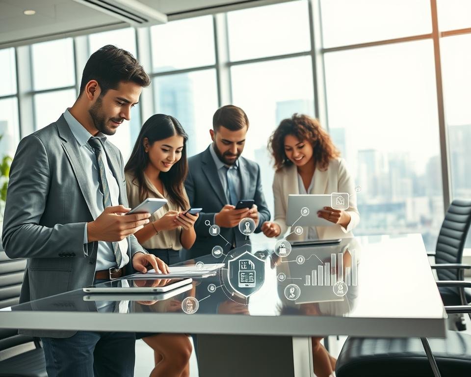 A dynamic office environment showcasing mobile workflow security. In the foreground, a diverse group of three professionals in smart business attire focus intently on their smartphones and tablets, collaborating on a project. The middle layer features a sleek modern desk with security icons, graphs, and data flowing from devices, symbolizing efficiency and protection. The background displays a large window with a cityscape, bathed in natural light to create an energetic atmosphere. The scene should evoke a sense of innovation and collaboration, with a bright, airy ambiance. Use a wide-angle lens to capture the teamwork and technology harmoniously, emphasizing the importance of mobile security in overcoming work challenges. A dynamic office environment showcasing mobile workflow security. In the foreground, a diverse group of three professionals in smart business attire focus intently on their smartphones and tablets, collaborating on a project. The middle layer features a sleek modern desk with security icons, graphs, and data flowing from devices, symbolizing efficiency and protection. The background displays a large window with a cityscape, bathed in natural light to create an energetic atmosphere. The scene should evoke a sense of innovation and collaboration, with a bright, airy ambiance. Use a wide-angle lens to capture the teamwork and technology harmoniously, emphasizing the importance of mobile security in overcoming work challenges.