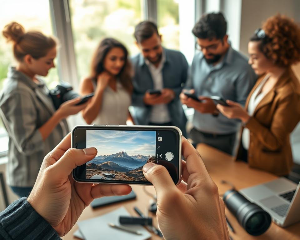 A dynamic workspace scene showcasing a diverse group of four photographers, each using their smartphones to edit photos with Lightroom Mobile presets. In the foreground, a close-up of a smartphone screen displays a beautiful landscape photo before and after the application of a vibrant preset. In the middle, the photographers are intently discussing their editing techniques, dressed in smart casual attire, reflecting a creative yet professional atmosphere. The background features soft, natural lighting streaming through a large window, enhancing the warm and inspiring mood of the environment. A well-organized desk with photography equipment, notebooks, and a laptop can be seen subtly blurred in the background, emphasizing creativity and collaboration among photographers.