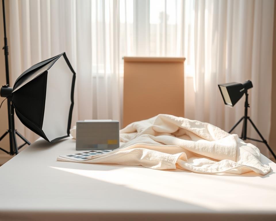 A flat lay photography setup showcasing various lighting techniques. In the foreground, a clean white backdrop highlights an elegant arrangement of photography tools: a softbox, reflectors, and a color checker, beautifully placed on the surface. In the middle, a natural light source streams in from the top left corner, casting soft shadows and creating gentle highlights on a selection of textured fabrics in pastel colors. The background features a blurred window with sheer curtains, allowing diffused sunlight to enhance the softness of the scene. The overall mood is serene and professional, capturing the essence of flat lay photography’s focus on careful composition and meticulous lighting techniques, inviting viewers to appreciate the artistry involved in achieving stunning shots.