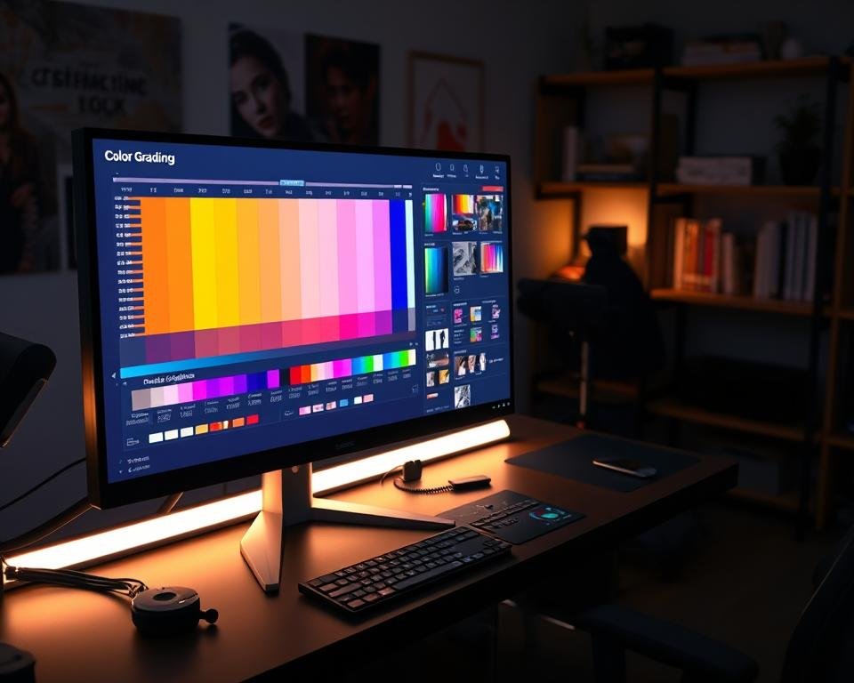 A modern color grading monitor set prominently in the foreground, displaying a vivid spectrum of color charts and calibration tools. The monitor's screen glows gently, showcasing precise color adjustments in vibrant hues. Surrounding the monitor are professional tools like a color calibration device and various reference images. In the middle ground, a well-organized workstation is depicted, featuring a sleek editing console and ambient LED lighting that enhances the workspace's high-tech atmosphere. The background shows a soft-focus detail of a dimly lit studio or home office, with shelves holding filmmaking books and equipment, contributing to a creative yet professional mood. The lighting is soft and diffused, emphasizing a sense of focus and dedication to color accuracy. The scene evokes an atmosphere of concentration and artistry, perfect for filmmakers dedicated to excellence. A modern color grading monitor set prominently in the foreground, displaying a vivid spectrum of color charts and calibration tools. The monitor's screen glows gently, showcasing precise color adjustments in vibrant hues. Surrounding the monitor are professional tools like a color calibration device and various reference images. In the middle ground, a well-organized workstation is depicted, featuring a sleek editing console and ambient LED lighting that enhances the workspace's high-tech atmosphere. The background shows a soft-focus detail of a dimly lit studio or home office, with shelves holding filmmaking books and equipment, contributing to a creative yet professional mood. The lighting is soft and diffused, emphasizing a sense of focus and dedication to color accuracy. The scene evokes an atmosphere of concentration and artistry, perfect for filmmakers dedicated to excellence.