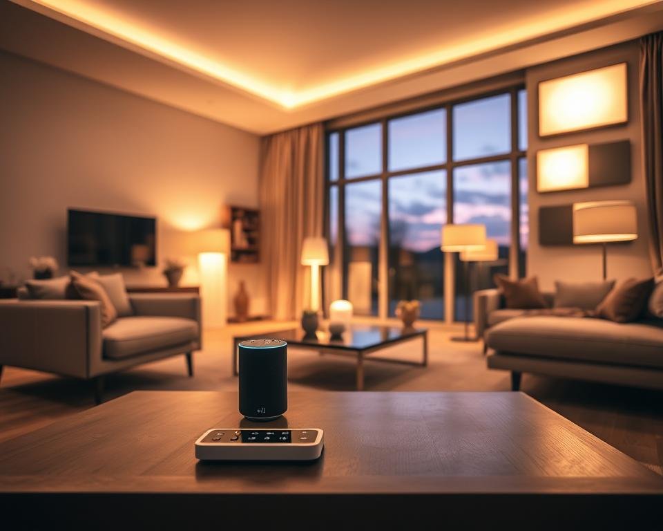 A modern living room showcasing smart lighting solutions features sleek, adjustable LED light fixtures that gracefully illuminate the space. In the foreground, a stylish coffee table adorned with smart controls and a digital assistant device blends seamlessly with elegant furniture. The middle ground highlights ambient lighting options, including floor lamps and wall-mounted panels emitting a soft, warm glow. The background captures a large window revealing a twilight sky, enhancing the room's serene feel. The scene is captured from a slightly elevated angle, using a wide-angle lens to encompass the entire ambiance. The atmosphere is calm and inviting, embodying innovation and comfort in contemporary design, under warm tones that suggest a cozy evening environment.
