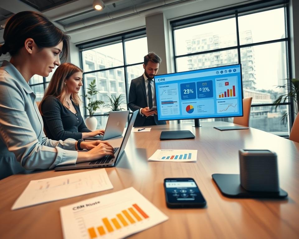 A modern small business office environment showcasing a diverse group of professionals engaged in collaborative work around a sleek conference table. In the foreground, a woman in smart casual attire is analyzing customer data on a laptop, while a man in a business suit is discussing a CRM software interface displayed on a screen. The middle ground features documents and colorful graphs on the table that represent growth metrics, alongside a smartphone showing CRM notifications. In the background, large windows let in soft natural light, creating a warm and inviting atmosphere. The overall mood is focused and productive, emphasizing teamwork and modern technology. The angle captures the room's depth, highlighting both the individuals and the tools they rely on for effective customer relationship management. A modern small business office environment showcasing a diverse group of professionals engaged in collaborative work around a sleek conference table. In the foreground, a woman in smart casual attire is analyzing customer data on a laptop, while a man in a business suit is discussing a CRM software interface displayed on a screen. The middle ground features documents and colorful graphs on the table that represent growth metrics, alongside a smartphone showing CRM notifications. In the background, large windows let in soft natural light, creating a warm and inviting atmosphere. The overall mood is focused and productive, emphasizing teamwork and modern technology. The angle captures the room's depth, highlighting both the individuals and the tools they rely on for effective customer relationship management.