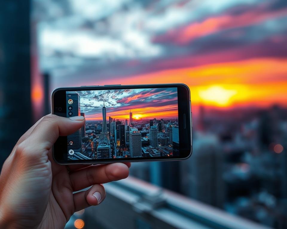 A modern smartphone held in a person's hand, showcasing its vibrant HDR display, with the screen illuminating vibrant urban landscapes filled with rich colors. In the foreground, the smartphone's eye-catching interface displays a stunning photo of a sunset over a city skyline, highlighting contrast between the dark shadows and bright highlights. The middle ground includes a blurred view of the bustling cityscape, with tall buildings and colorful lights. The background captures a majestic sunset blending hues of orange, pink, and purple in the sky. The scene is well-lit, emphasizing the smartphone’s HDR capabilities, while soft bokeh effects provide a dreamy atmosphere. The person in the foreground is casually dressed, focused and engaged with their device, embodying a sense of mastery and control over their smartphone photography.