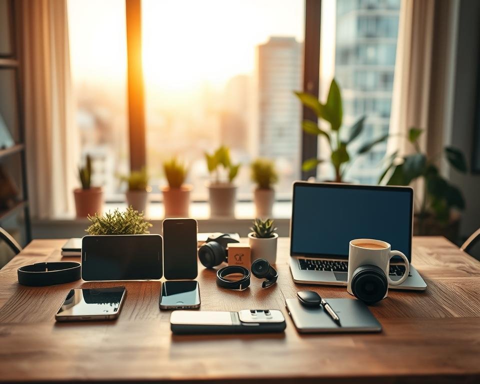 A modern workspace featuring captivating digital product backgrounds, ideal for photography. In the foreground, a beautifully arranged product display of tech gadgets—like sleek smartphones, stylish headphones, and a compact laptop—set on a natural wooden table. The middle layer showcases lifestyle elements, such as potted plants and a cozy coffee cup, creating a relaxed atmosphere. In the background, a softly blurred window reveals a vibrant cityscape, with sunlight streaming in, casting warm golden hues and gentle shadows across the scene. Utilize a shallow depth of field with a 50mm lens for a soft focus effect, emphasizing the products while keeping the overall mood inviting and inspiring. The image should be bright, airy, and inviting, with no text or branding elements.