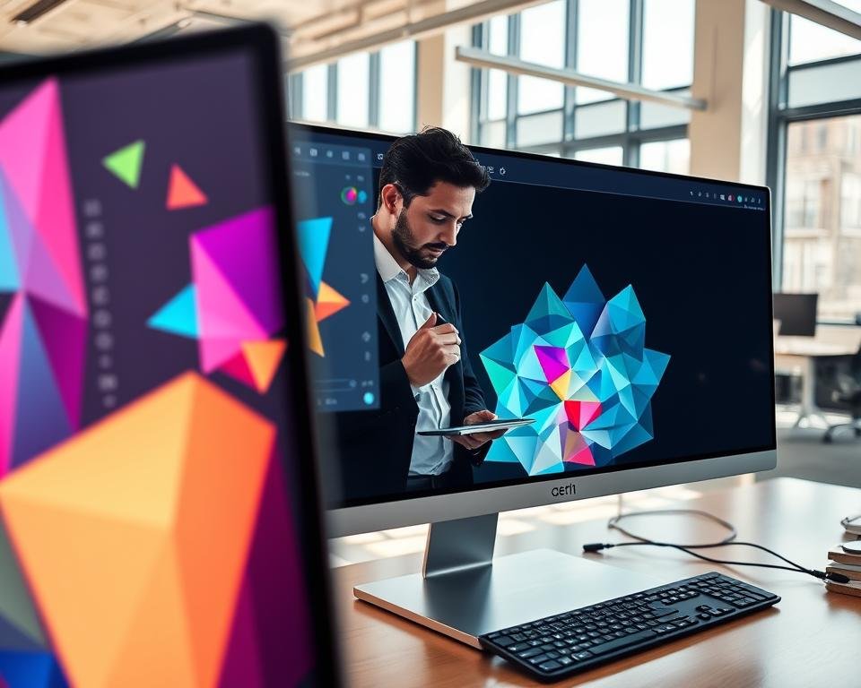 A modern workspace showcasing a geometric design software interface on a sleek computer screen. In the foreground, a close-up of the monitor displays vibrant geometric shapes, overlays, and vibrant colors, with design tools and palettes visible. The middle layer features a creative professional, dressed in smart casual attire, focused on designing intricate patterns, using a stylus on a tablet alongside the computer. The background showcases a clean, minimalistic office space with large windows allowing natural light to flood the room, casting soft shadows. The atmosphere is inspiring and innovative, emphasizing a blend of technology and creativity in geometric design. The lighting is bright and airy, enhancing the colors on the screen and the surrounding environment.