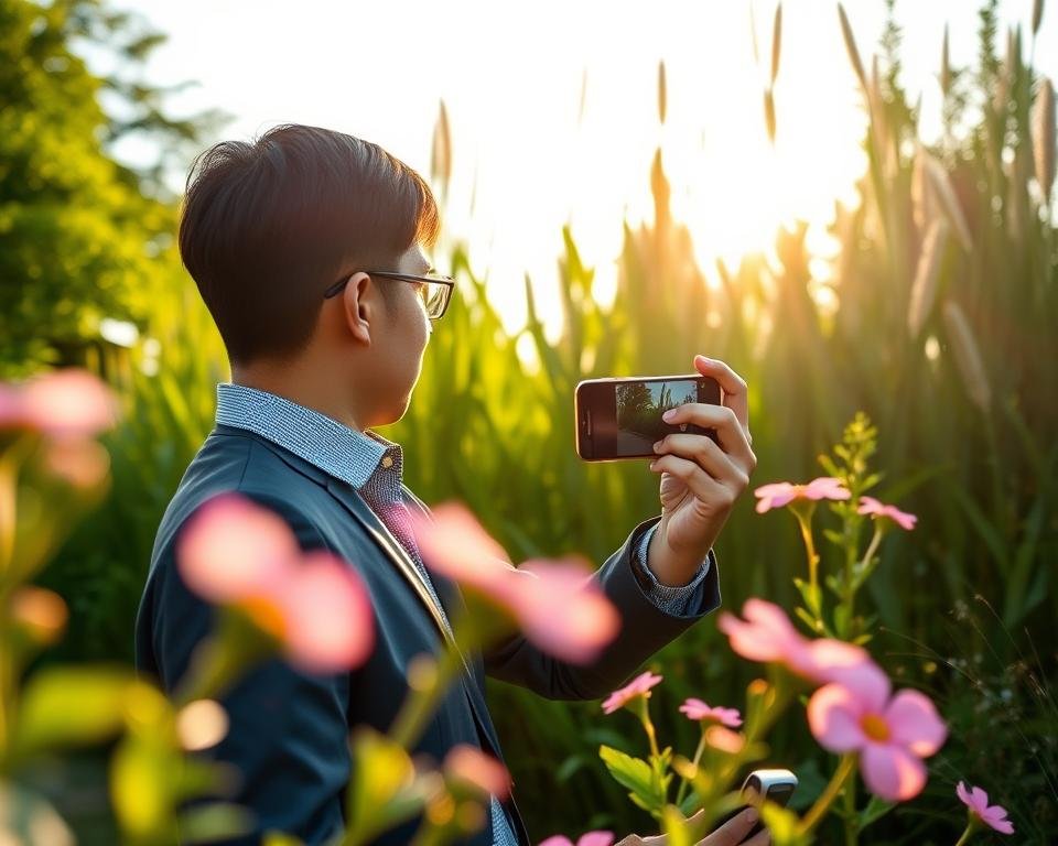 A person in professional attire is positioned in a sunlit park, holding a smartphone camera aimed at vibrant flowers. The foreground features the delicate petals glistening in natural light with a soft bokeh effect, while the middle ground captures the individual focusing on their shot, framed by tall, lush greenery. The background shows a serene sky lightly lit by the golden hour, casting warm hues. The scene radiates a sense of tranquility and inspiration, highlighting the beauty of natural light in photography. Emphasize the sunlight enhancing colors and textures while avoiding harsh shadows, creating an inviting atmosphere that encourages creative exploration in smartphone photography.