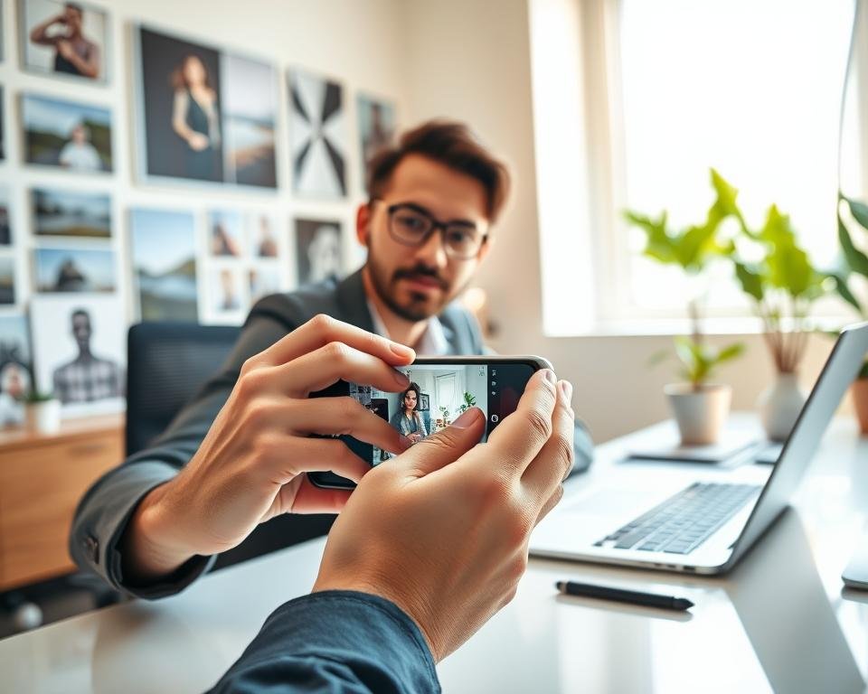 A professional mobile editor sitting at a sleek desk, surrounded by a modern workspace filled with inspiring photography prints. In the foreground, close-up of their hands skillfully manipulating a smartphone, showcasing a visually appealing image being edited in an intuitive app interface. The middle ground features the editor’s focused expression, wearing stylish yet professional attire, illuminated by soft, natural light from a nearby window, casting gentle shadows. In the background, a muted color palette of minimalistic decor and potted plants enhances the creative atmosphere. The lighting is bright yet warm, evoking a sense of productivity and inspiration, emphasizing the theme of building retouching skills. The overall mood is professional and energetic, perfect for illustrating the art of mobile editing. A professional mobile editor sitting at a sleek desk, surrounded by a modern workspace filled with inspiring photography prints. In the foreground, close-up of their hands skillfully manipulating a smartphone, showcasing a visually appealing image being edited in an intuitive app interface. The middle ground features the editor’s focused expression, wearing stylish yet professional attire, illuminated by soft, natural light from a nearby window, casting gentle shadows. In the background, a muted color palette of minimalistic decor and potted plants enhances the creative atmosphere. The lighting is bright yet warm, evoking a sense of productivity and inspiration, emphasizing the theme of building retouching skills. The overall mood is professional and energetic, perfect for illustrating the art of mobile editing.