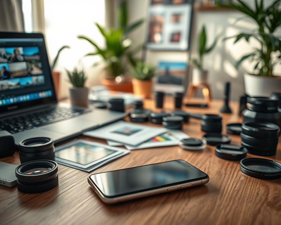 A professional photographer's workspace featuring a mobile lens kit for smartphone photography. In the foreground, a sleek smartphone with an attached lens, positioned on a wooden desk cluttered with editing tools like a laptop displaying photo editing software, color correction charts, and a few printed images. The middle ground includes well-organized photography accessories, like additional lenses and filters, creating an inviting scene for enthusiasts. The background features a softly lit room with indoor plants, giving a warm and creative atmosphere. The lighting is bright, emulating natural daylight, highlighting the smartphone and lenses. The mood is focused and inspiring, promoting the art of mobile photography editing.