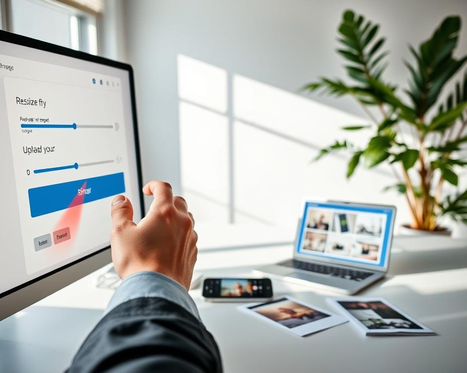 A professional workspace depicting an online image resizer in action. In the foreground, a sleek computer screen displays a user-friendly interface for resizing images, featuring sliders and upload buttons. A hand, dressed in casual business attire, is interacting with the screen. The middle layer showcases a well-organized desk with a high-end laptop, a smartphone displaying a resized image, and some printed sample images. In the background, a well-lit modern office with lush indoor plants and neutral tones creates a calming atmosphere. Soft natural light filters in through a large window, casting gentle shadows and emphasizing a productive environment. The overall mood is focused and efficient, reflecting the theme of troubleshooting image resizing issues.