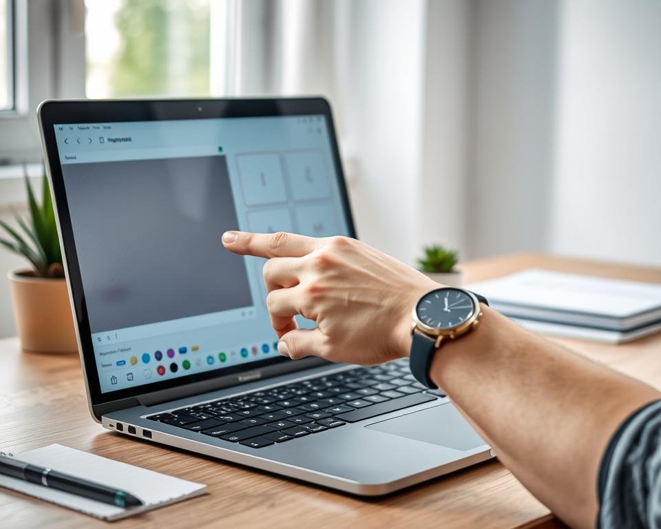 A professional workspace featuring a digital background removal application on a sleek laptop screen. In the foreground, the screen displays a vibrant, interactive interface with tools for selecting and removing backgrounds, with colorful icons representing brushes and erasers. The laptop is positioned on a minimalist wooden desk adorned with a potted plant and a notepad. In the middle ground, a person's hand, wearing a smart casual watch, hovers over the touchpad, manipulating the image for background removal, showcasing engagement and focus. Soft, natural lighting filters through a nearby window, creating a warm and inviting atmosphere. The background remains blurred, emphasizing the user and the laptop while hinting at a tidy office environment. The overall mood is professional and productive, highlighting the effectiveness of background removal apps.