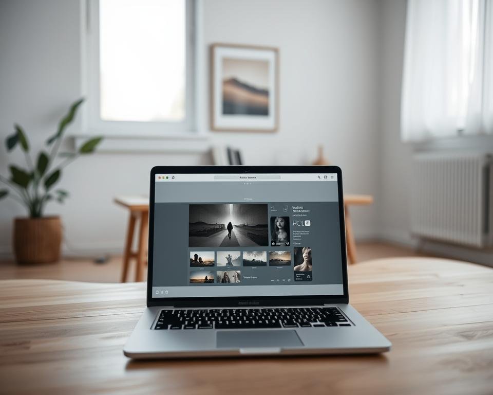 A serene and softly lit interior space showcasing a minimalist photography editing setup. In the foreground, a sleek laptop displaying an elegant photo editing software interface, with clean lines and a muted color palette. The middle ground features a simple wooden desk adorned with a few photography books and a beautifully framed minimalist photograph. The background reveals a softly blurred window allowing gentle, diffused natural light to fill the room, adding an organic feel. The overall atmosphere is calm and inspiring, embodying the essence of minimalism. Use a shallow depth of field to emphasize the laptop while keeping the surrounding elements slightly out of focus, creating a sense of tranquility and focus on the editing process.