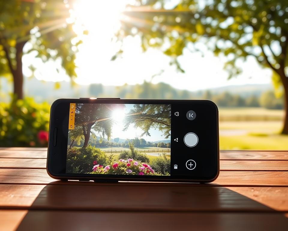 A serene outdoor setting bathed in the soft glow of morning or late afternoon natural light. In the foreground, a smartphone rests on a wooden table, showcasing its camera interface with a beautifully captured landscape behind it. The middle layer features lush greenery, vibrant flowers, and dappled sunlight filtering through leaves, inviting inspiration. In the background, a peaceful park scene unfolds, with distant trees and gently rolling hills. The overall composition emphasizes a balanced and harmonious atmosphere. The lighting should be warm and inviting, showcasing the smartphone's ability to capture stunning visuals in natural light. Aim for a calm and tranquil mood that encourages creativity and exploration in photography.