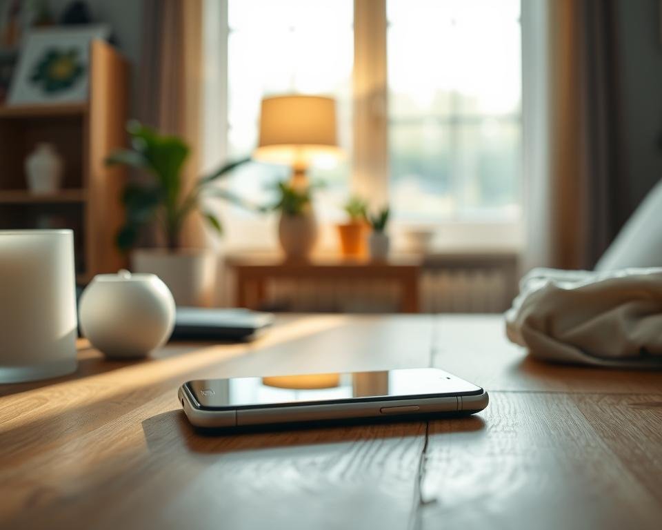 A serene workspace featuring a smartphone illuminated with soft, diffused light. In the foreground, the smartphone is displayed on a wooden table, surrounded by various stylish diffusing products such as frosted glass shades, colorful gels, and fabric covers to soften the glare. The middle ground showcases a cozy setting with a warm lamp and plant accents, subtly enhancing the atmosphere. In the background, a softly blurred window reveals a peaceful outdoor scene, casting gentle, natural light into the room. The overall mood is calming and inviting, perfect for a relaxing environment. The lighting is soft and evenly distributed, emphasizing the smooth textures and colors of the objects. Capture this scene with a slightly elevated angle, creating depth and a sense of tranquility.