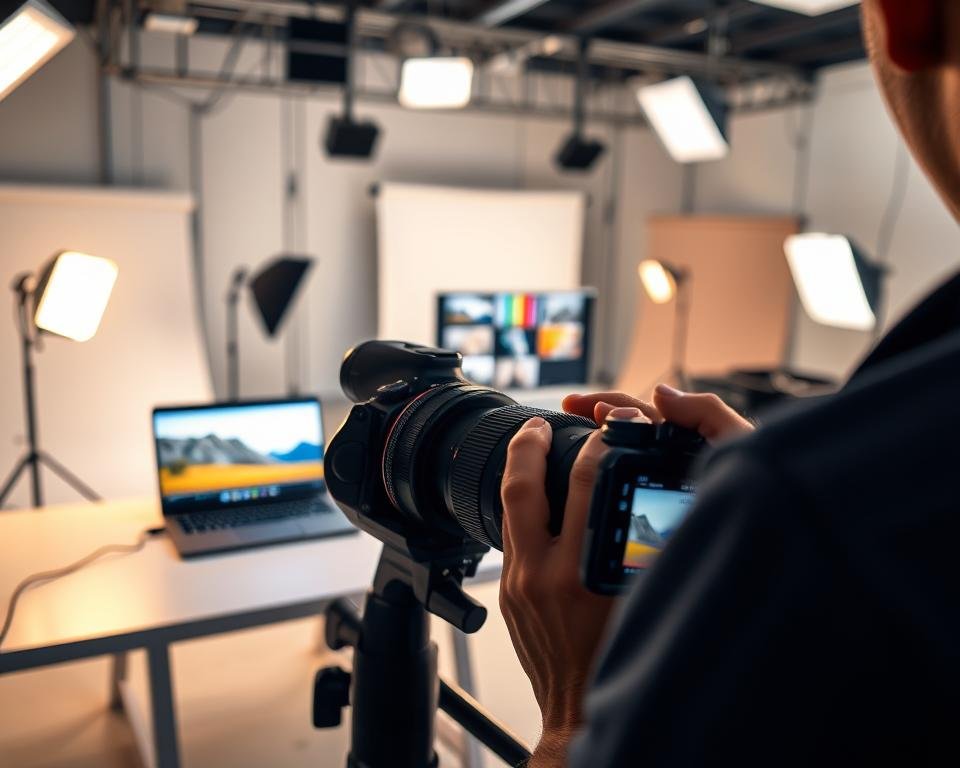 A serene workspace showcasing a professional photographer adjusting the white balance settings on a camera. In the foreground, the camera and its display screen prominently exhibit vibrant color charts and a typical scene in soft focus. The middle ground features a well-lit, minimalistic desk with a laptop displaying photo editing software, highlighting various images with adjusted hues. The background is a softly blurred photography studio, adorned with neutral-colored backdrops and softbox lights casting a warm, inviting glow. The overall atmosphere emanates creativity and precision, emphasizing the transformative power of color correction in photography. The lighting is bright yet soft, with shadows adding depth, capturing the essence of artistic white balance techniques. A serene workspace showcasing a professional photographer adjusting the white balance settings on a camera. In the foreground, the camera and its display screen prominently exhibit vibrant color charts and a typical scene in soft focus. The middle ground features a well-lit, minimalistic desk with a laptop displaying photo editing software, highlighting various images with adjusted hues. The background is a softly blurred photography studio, adorned with neutral-colored backdrops and softbox lights casting a warm, inviting glow. The overall atmosphere emanates creativity and precision, emphasizing the transformative power of color correction in photography. The lighting is bright yet soft, with shadows adding depth, capturing the essence of artistic white balance techniques.