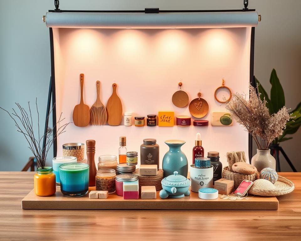 A sleek, modern DIY product lightbox setup featuring a variety of colorful, handcrafted products displayed elegantly. In the foreground, a polished wooden table holds a vibrant array of accessories like handmade candles, artisanal soaps, and unique ceramics, all arranged thoughtfully to highlight their textures and colors. The middle section showcases the lightbox itself, with diffused, warm LED lights evenly illuminating the products, creating soft shadows and enhancing visual appeal. In the background, a subtle gradient backdrop complements the items, ensuring a professional look. The scene is shot from a slightly elevated angle with a shallow depth of field, giving an inviting and sophisticated atmosphere, perfect for showcasing products effectively without any distractions.