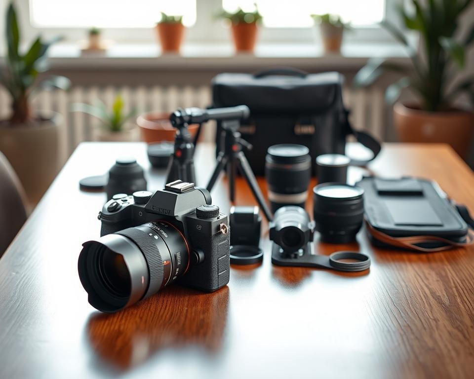 A sleek, modern setup showcasing clean photography equipment on a polished wooden table. Foreground: a high-end digital camera with a prime lens, reflecting soft natural light, positioned at an angle to emphasize its sleek design. Middle: an elegant assortment of minimalist gear including a compact tripod, a few essential lenses, and a sturdy camera bag, all arranged neatly without clutter. Background: a softly blurred, bright workspace with hints of greenery from potted plants, creating a calm and focused atmosphere. The lighting is bright yet diffused, enhancing the clean lines and textures of the equipment. The overall feel is serene and organized, embodying the essence of minimalist photography.