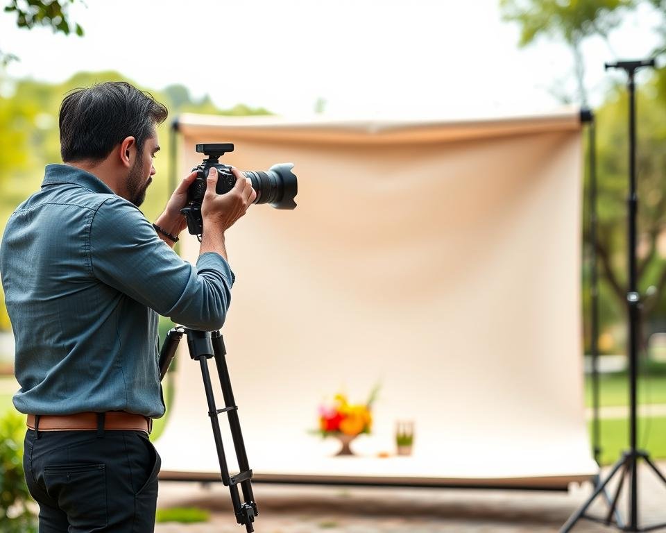 A sleek, portable photo studio set up in an outdoor location underneath soft, diffused natural light. In the foreground, a professional photographer, dressed in smart casual attire, adjusts the angle of a mounted camera on a tripod, focusing on a small, exquisite, still-life arrangement of vibrant flowers and interesting objects. The middle ground showcases a collapsible backdrop in a neutral tone, creating depth and contrast against the colorful setup. In the background, hints of a serene park can be seen, with blurred greenery lending an organic feel. The overall mood is inspiring and creative, inviting viewers to imagine capturing stunning shots anywhere with a portable studio. The image should emphasize clarity, composition, and the play of light, illustrating the essence of professional photography in versatile settings.