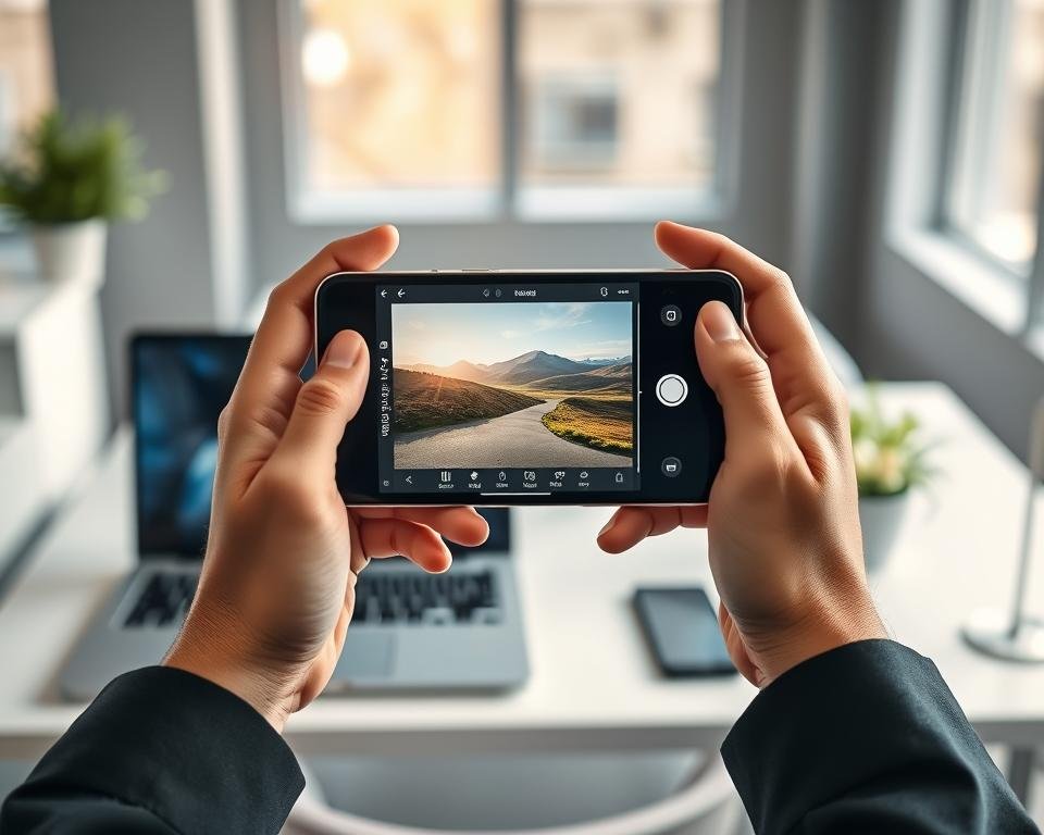 A sleek smartphone displaying the Snapseed photo editing app open on its screen, showcasing a beautifully edited landscape photo. In the foreground, a pair of hands, dressed in professional business attire, hold the phone as if sharing the edits on social media. The middle ground features a softly blurred laptop, suggesting a workspace. The background is a modern, well-lit office with natural light pouring in through a large window, highlighting a plant on a desk. The atmosphere is professional and creative, evoking a sense of inspiration and productivity. The lighting is bright and inviting, using a soft focus to enhance the smartphone and its vibrant image while keeping everything else subtly in the background.