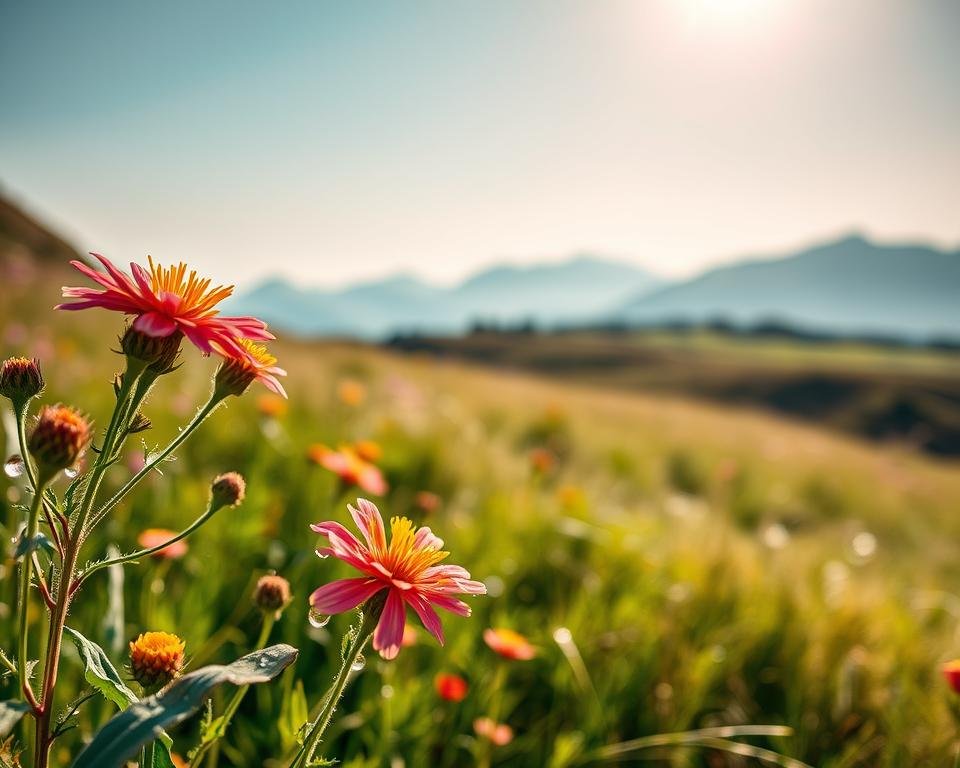 A split view of a landscape photograph demonstrating the impact of distance on photo sharpness. In the foreground, a detailed close-up of vibrant wildflowers with dewdrops, showcasing sharp focus and crisp details. The middle ground features a serene meadow that gradually fades into slight blur, illustrating the effects of distance. In the background, distant mountains are softly blurred, hinting at atmospheric perspective. The scene is lit with soft morning sunlight, casting gentle shadows, creating a warm and inviting atmosphere. Use a shallow depth of field to emphasize sharpness in the foreground while maintaining a gradual transition to the background blur. Capture the image with a wide-angle lens, positioning slightly above the ground to evoke a sense of immersion in the landscape. A split view of a landscape photograph demonstrating the impact of distance on photo sharpness. In the foreground, a detailed close-up of vibrant wildflowers with dewdrops, showcasing sharp focus and crisp details. The middle ground features a serene meadow that gradually fades into slight blur, illustrating the effects of distance. In the background, distant mountains are softly blurred, hinting at atmospheric perspective. The scene is lit with soft morning sunlight, casting gentle shadows, creating a warm and inviting atmosphere. Use a shallow depth of field to emphasize sharpness in the foreground while maintaining a gradual transition to the background blur. Capture the image with a wide-angle lens, positioning slightly above the ground to evoke a sense of immersion in the landscape.