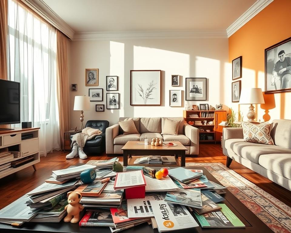 A stylish living room showcasing common lifestyle staging mistakes. In the foreground, a cluttered coffee table overflowing with personal items, such as magazines and children's toys, detracting from the space's elegance. The middle ground reveals mismatched furniture and improper scale, highlighting a small couch next to a large wall art piece, creating visual imbalance. In the background, distracting elements like family photographs and overly vibrant wall colors compete for attention. Warm, natural light filters through sheer curtains, casting soft shadows that add depth. The atmosphere should evoke a sense of missed opportunities in decor, inviting viewers to recognize the importance of cohesive staging. The image should be shot at eye level, using a wide-angle lens for an encompassing view.