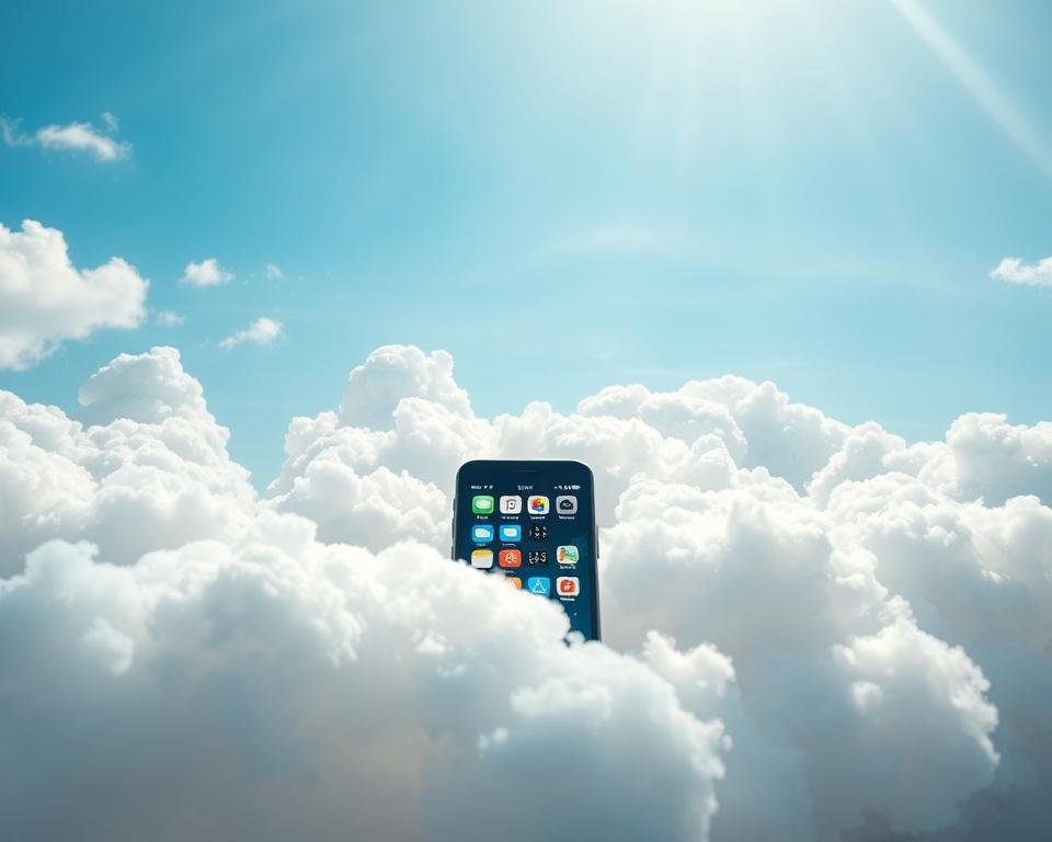 A surreal depiction of cloud storage, featuring fluffy, white clouds in the foreground, resembling digital data vaults, filled with glowing icons like files and folders. In the middle ground, a sleek smartphone displays an interface with organized apps, showcasing productivity tools that float among the clouds. The background is a bright blue sky with rays of sunlight breaking through, creating a sense of innovation and clarity. The scene is framed with a soft focus effect, emphasizing the ethereal nature of data in the cloud. The mood is uplifting and organized, evoking a sense of efficiency and modernity, perfect for illustrating streamlined mobile workflows. Soft, natural lighting enhances the brightness of the clouds and the content displayed on the smartphone. A surreal depiction of cloud storage, featuring fluffy, white clouds in the foreground, resembling digital data vaults, filled with glowing icons like files and folders. In the middle ground, a sleek smartphone displays an interface with organized apps, showcasing productivity tools that float among the clouds. The background is a bright blue sky with rays of sunlight breaking through, creating a sense of innovation and clarity. The scene is framed with a soft focus effect, emphasizing the ethereal nature of data in the cloud. The mood is uplifting and organized, evoking a sense of efficiency and modernity, perfect for illustrating streamlined mobile workflows. Soft, natural lighting enhances the brightness of the clouds and the content displayed on the smartphone.