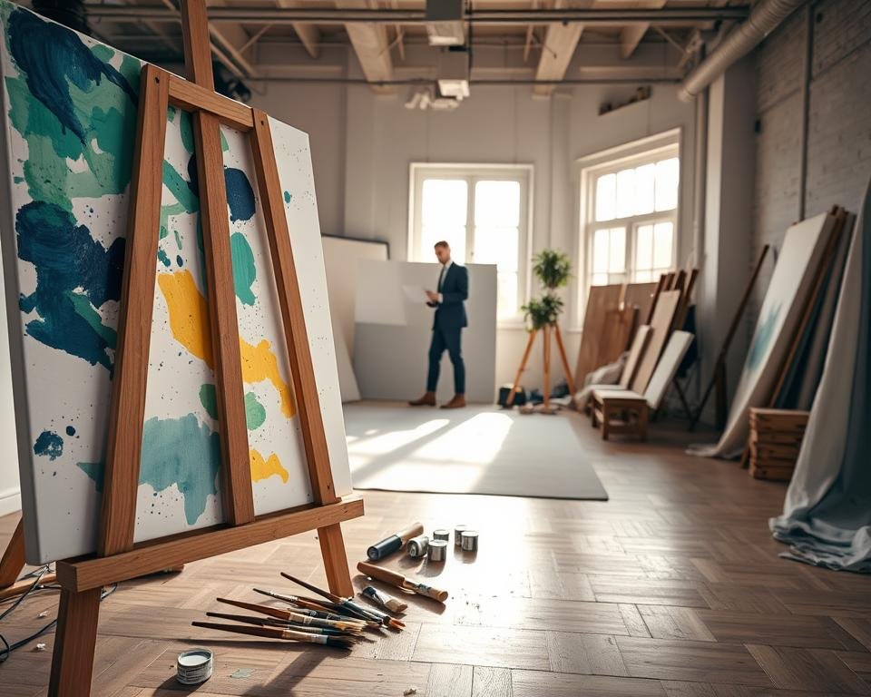 A vibrant DIY photography set showcasing a painted backdrop in progress. In the foreground, a wooden easel supports a large canvas with colorful abstract patterns, including splashes of blues, greens, and soft yellows, hinting at a creative painting process. A set of brushes with varying sizes lies nearby, along with paint tubes scattered around. The middle ground features an artist in smart casual attire, focused on painting, with attention to detail evident in their concentration. The background features a softly lit studio with natural light streaming through a large window, illuminating the scene and creating a warm, inviting atmosphere. A few rolls of fabric and props are neatly arranged, suggesting a versatile creative space. The overall mood is inspiring and artistic, encouraging viewers to create their own photographic backdrops.